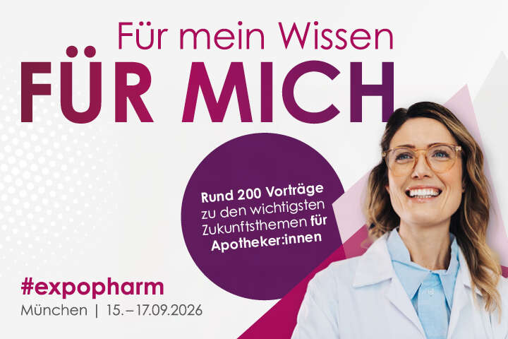 Werbebanner für die #expopharm-Veranstaltung mit dem Motto "Für mich" abgebildet ist eine Frau.