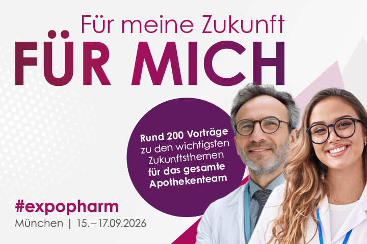 Werbebanner für die #expopharm-Veranstaltung mit dem Motto "Für mich" abgebildet sind ein Mann und eine Frau.