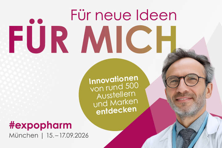 Werbebanner für die #expopharm Veranstaltung - Apotheker schaut freudig in die Zukunft