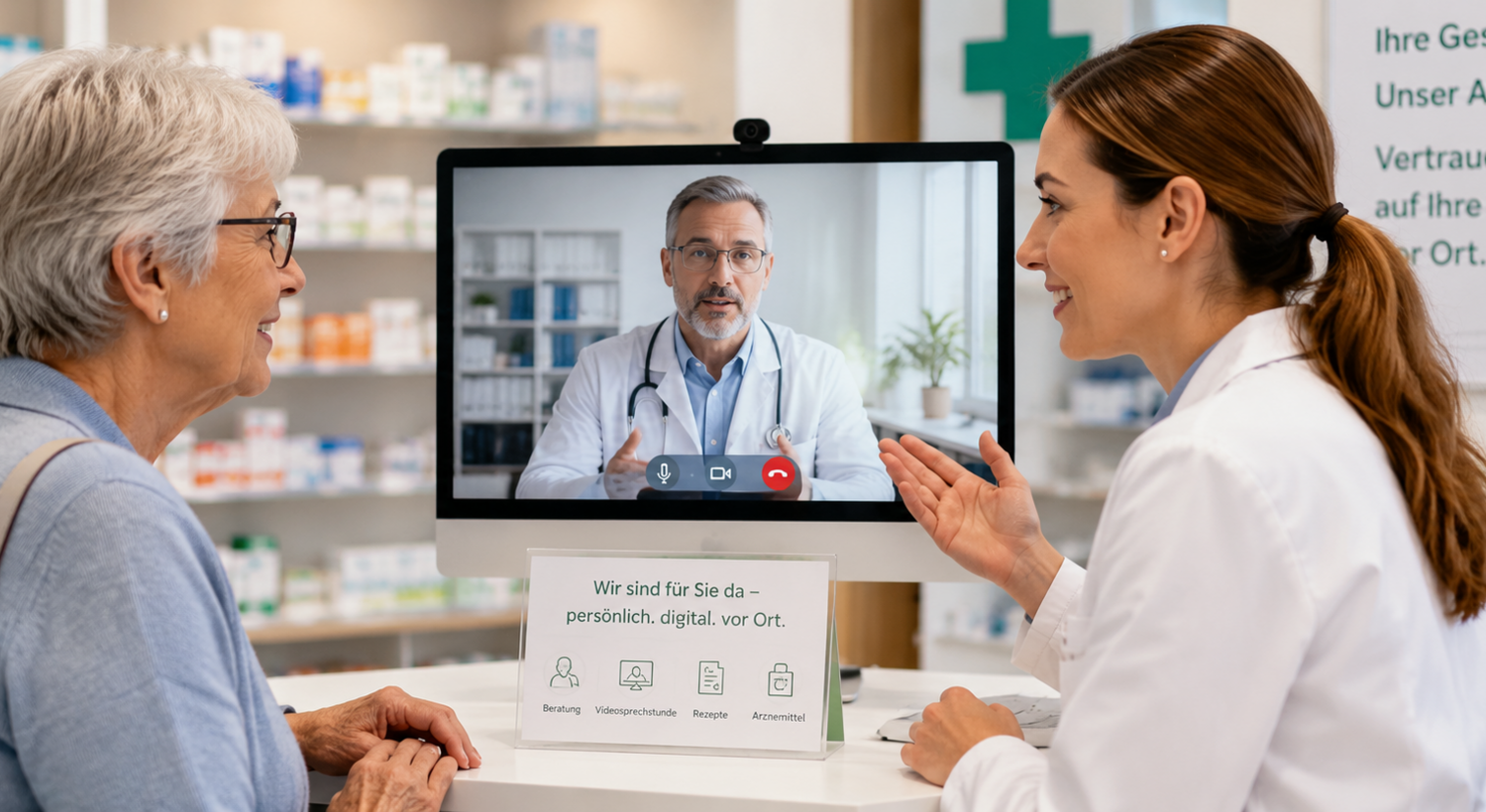 Eine ältere Patientin im Gespräch mit einer Apothekerin, beide vor einem Bildschirm, auf der ein Tele-Arzt zu sehen ist.