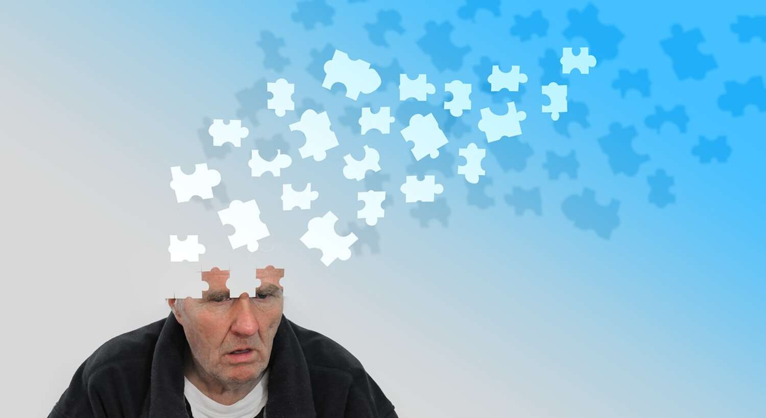 Älterer Mann mit fehlenden Puzzleteilen am Kopf, Symbolbild Demenz