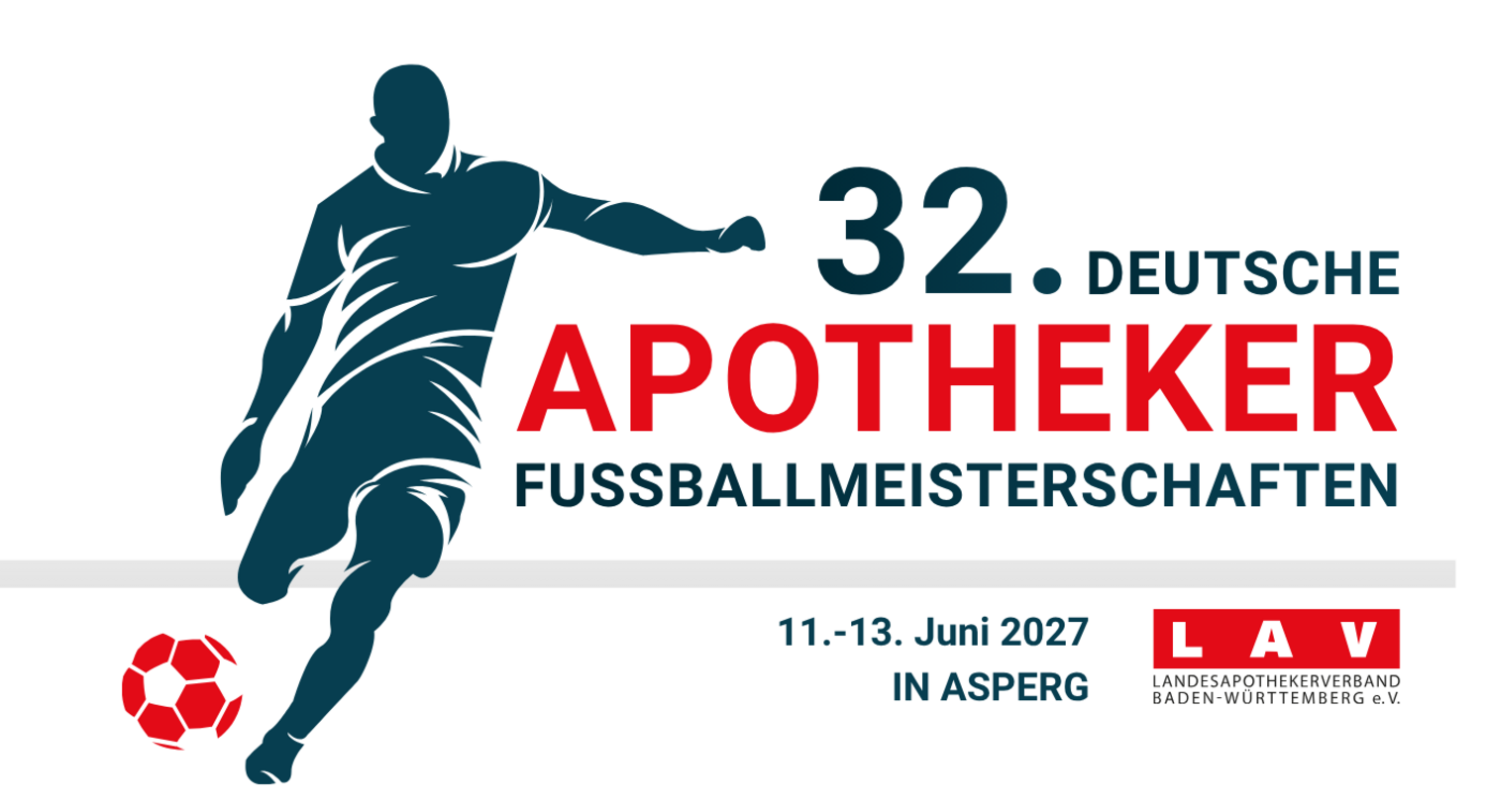 Ein stilisierter Fussballer schießt einen Ball. Das Bild stellt das Logo der 32. Deutschen Apothekerfussballmeisterschaften dar