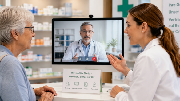 Eine ältere Patientin im Gespräch mit einer Apothekerin, beide vor einem Bildschirm, auf der ein Tele-Arzt zu sehen ist.