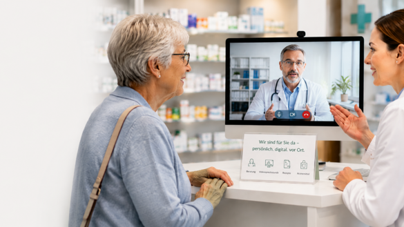Eine ältere Patientin im Gespräch mit einer Apothekerin, beide vor einem Bildschirm, auf der ein Tele-Arzt zu sehen ist.