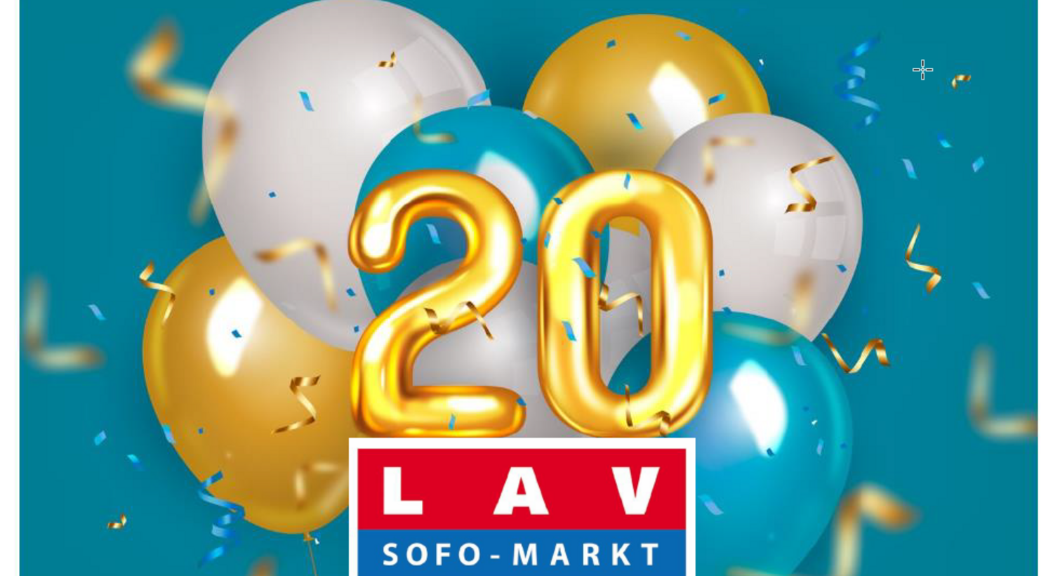 Türkiser Hintergrund, Luftballons, eine goldene 20, darunter Logo LAV-SOFO-MARKT und Kooperation