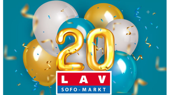 Türkiser Hintergrund, Luftballons, eine goldene 20, darunter Logo LAV-SOFO-MARKT und Kooperation